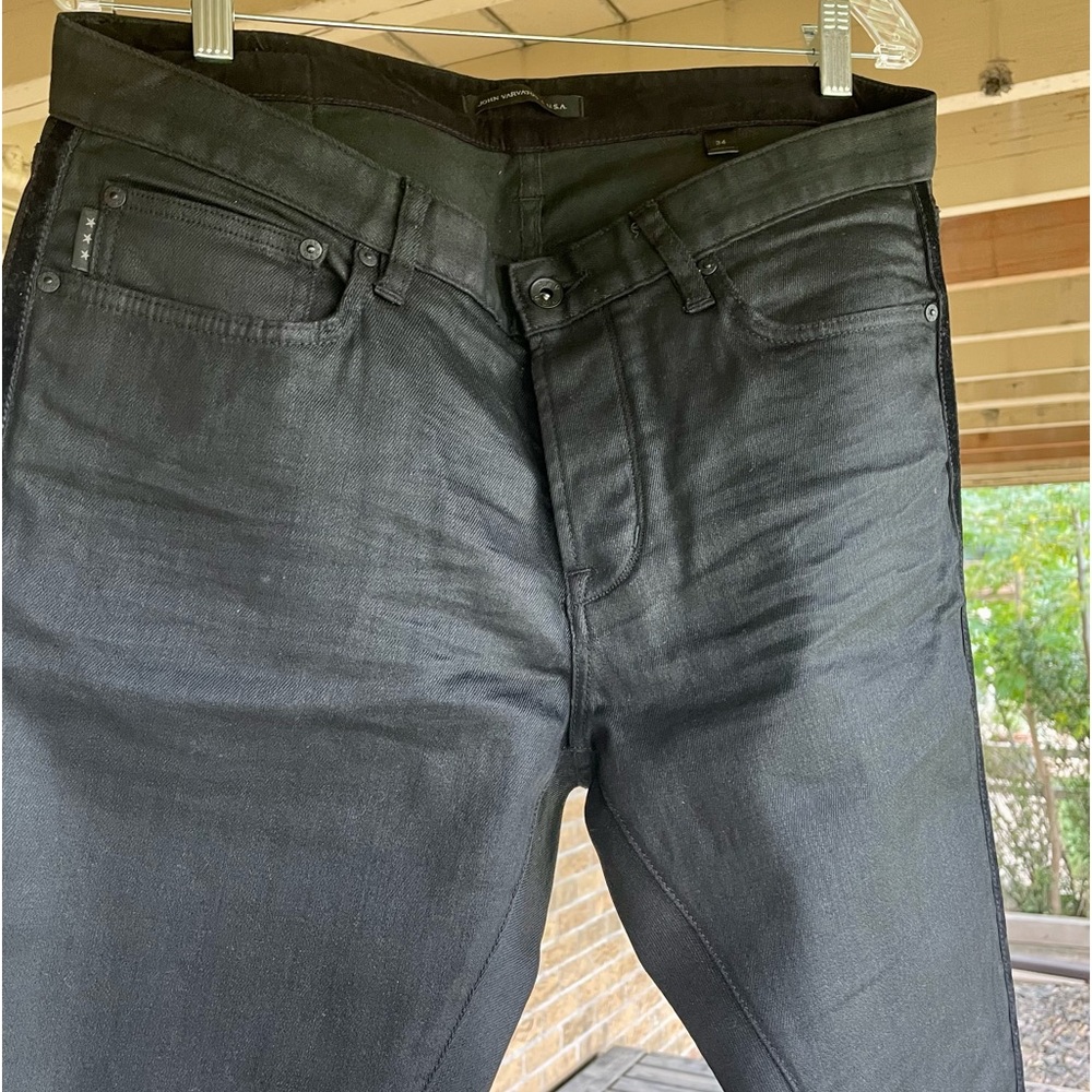 Men’s “leather” finish black tuxedo trim jeans 34x34